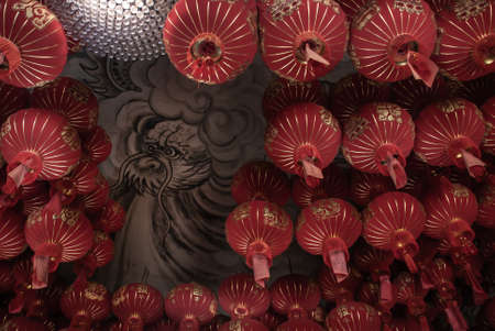 Bangkok, Thailand - 18 Aug 2019 : Many red Chinese lanterns in Interior at templeのeditorial素材