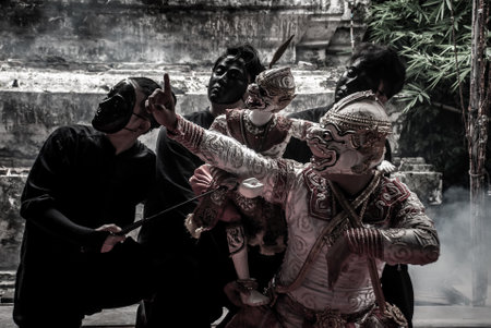 Bangkok, Thailand 07 Aug 2019 : Traditional Puppet of Hanuman in Ramakien or Ramayana Story with thai puppeteers from Ramayana epic story at Baan Silapin (Artist House) in klong bang luang floating market.のeditorial素材