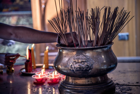 Bangkok, Thailand - 27 Oct 2019 : Incense burning at a temple in Wat Mangkon Kamalawat, Bangkokのeditorial素材