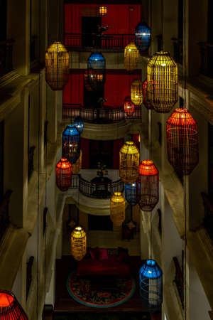 Bangkok, Thailand - Feb 16, 2020 : Traditional Chinese Bamboo Hanging Lanterns Handmade Birdcage & Light bulb. Lantern Ancient Lamp. The interior asian decorations.のeditorial素材