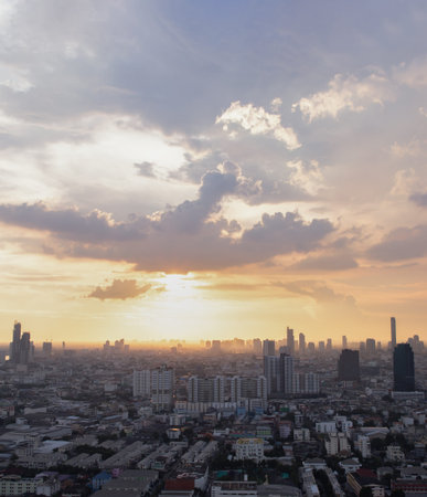 Bangkok, Thailand - Aug 17, 2021: Gorgeous panorama scenic of the sunrise or sunset with cloud on...