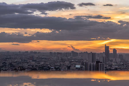 Bangkok, Thailand - Jul 04, 2021: Aerial view of Beautiful scenery view of Skyscraper Evening time Sunset creates relaxing feeling for the rest of the day. Selective focus.のeditorial素材