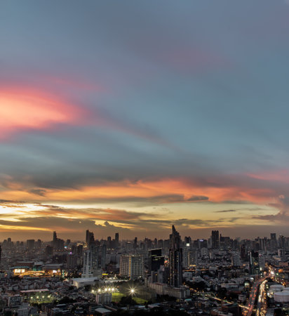 Bangkok, Thailand - Sep 17, 2021 : Aerial view of Beautiful sunset over large metropol city in Asia. With tall building and skyscraper in background. Monotone, No focus, specifically.のeditorial素材