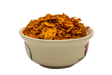 Dried chilli paste with crispy shrimp thai style or Crispy shrimp chilli paste in ceramic white cup...