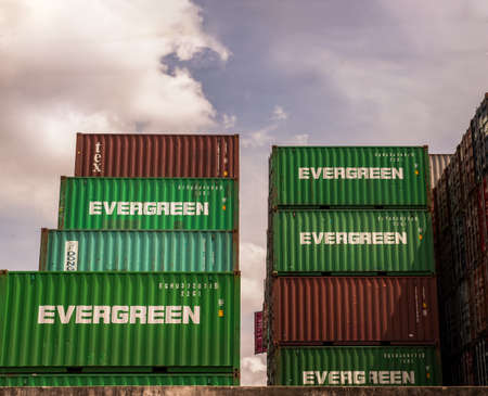 Bangkok,Thailand - May 20, 2021 : Industrial containers box for Logistic import export business concept. Stacked cargo containers in storage area. No focus, specifically.のeditorial素材