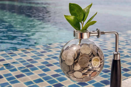 Bangkok, Thailand - Jun 26, 2020 : The saplings that grow on the pile of coins In a glass bottle on pool background Symbol for business growth. Investment concept for growth and saving money. Space for text input, Selective focus.の写真素材