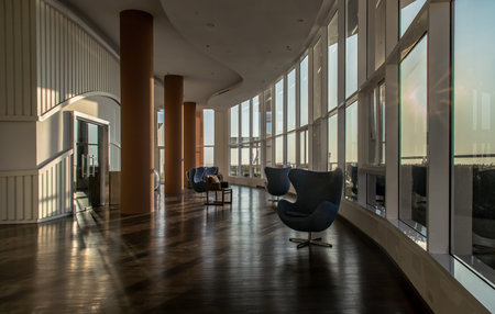 Bangkok, Thailand - Jan 10, 2022 : Common area of condominium in morning. New normal, The seats were...