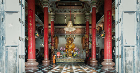 Bangkok, Thailand - Feb 08, 2020 : Architecture of chinese-style temple with the Golden buddha...