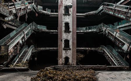 Bangkok, Thailand - 07 Feb 2022 : Damaged escalators in abandoned shopping mall building. Structural and ruins was left to deteriorate over time, New World Mall, No focus,specificallyのeditorial素材