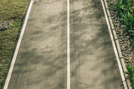 Top view of empty road texture with straight lines in white line on road. There are beautiful trees...