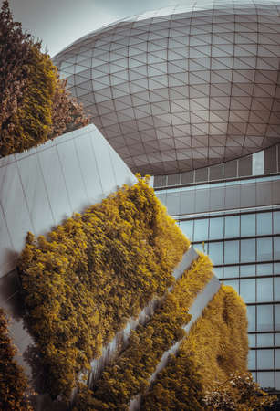 Bangkok, thailand - Mar 18, 2022 : Architectural View of Modern high rise building design of glass and concrete with Fern and green plants decorate on wall in front of. Selective focus.のeditorial素材