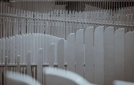 Decorative iron fences on bridge in public park. Geometric pattern with lines, Forming an interesting design, Copy space, Selective focus.の写真素材