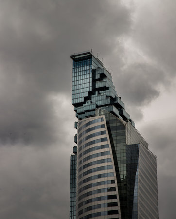 Bangkok, Thailand - Apr 02, 2022 : Architectural view of Overlapping at Two modern high-rise...