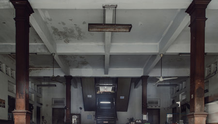 Bangkok,Thailnad - Apr 13, 2022 : The view from the outside into inside lobby of a Sri Hualampong Hotel. Architecture traditional of old wooden stairs and old wooden pillars. Selective focus.のeditorial素材