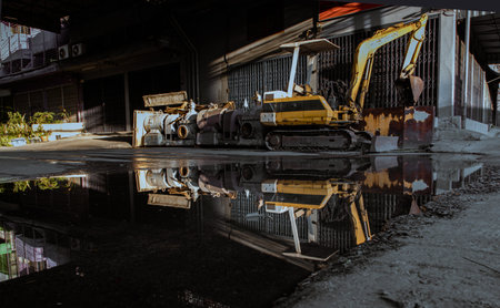 Bangkok, Thai - Apr 23, 2022 : Construction excavator of yellow color and Old waters pumps with...