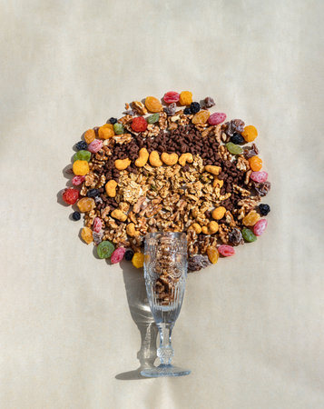 Mix of Healthy Snack of nuts and Other Dried fruits mix on tall crystal glass with gray background. Organic and healthy breakfast. Top view, Copy space, Selective focus.の写真素材