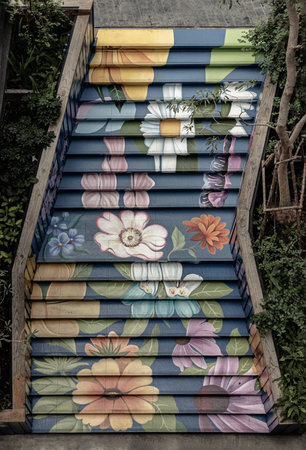 Bangkok, Thailand - Jun 06, 2022 : Upside view of Wooden stair ladder decorated with Floral pattern. Flower painted on the Wood staircase background, Selective focus.の写真素材