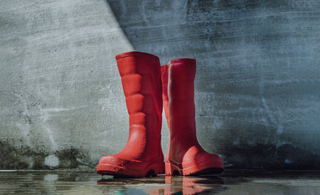 Pair of Red rubber rain boots on wet floor with old bare cement wall background. Space for text, Selective focus.の写真素材