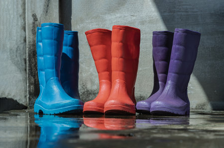 Three pairs of a colorful rain boots on wet floor with old bare cement wall background. Space for text, Selective focus.の写真素材