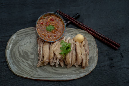 Asian food style marinated steamed chicken (Betong Chickken) and sauce on ceramic plate. Serving chilled as an appetizer. Top view.の写真素材