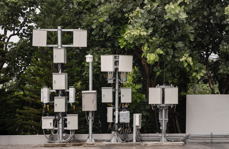 Many communication junction box with cable wires for connecting telephone or internet signal is...
