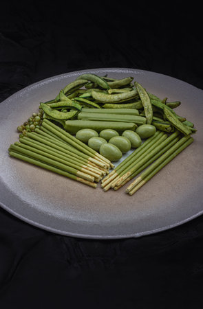Composition of green snacks in assortment with different tastes and different shapes with Roasted...