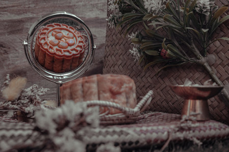 Delicious moon cake. Food served for Mid-autumn festival or Chinese traditional festival, Space for text, Selective focus.の写真素材