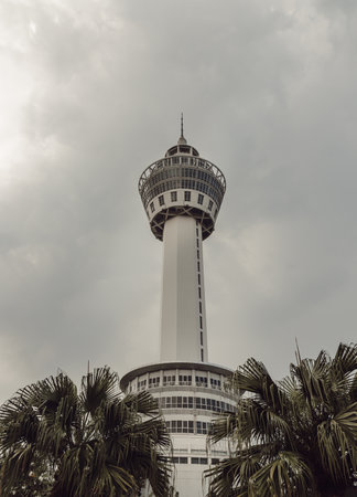 Samut prakan, Thailand - Nov 18, 2022 : The Landmark of Samut Prakan province has the Samut Prakan Observation Tower with the sky background. Samut prakan city observatory, Space for text, Selective focus.のeditorial素材