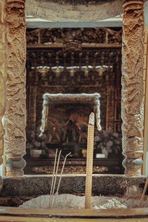 Samut Prakan, Thailand - Nov 18, 2022 : Incense burning in an incense burner at chinese temple....