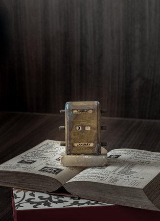 Old Antique Brass Desktop Perpetual Calendar Showing January 1th ( Vintage perpetual calendar ) placed on and old book with dark wooden background. Welcome the New Year Eve 2023. Space for text, No focus, specifically.の写真素材