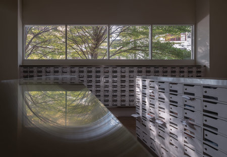 Bangkok, Thailand - 28 Jan, 2023 - Windows view with big tree background in White mailroom for...