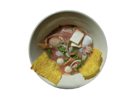 Yentafo egg noodles soup with pink sauce and Fish balls, Shrimp, Fresh squid, Fresh squid, Pickled...