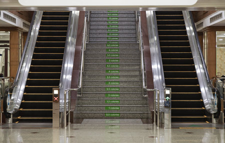 Bangkok, Thailand - 16 Jul, 2023 - Perspective view of Symmetrical two interior escalators for...
