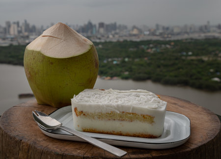 Homemade coconut layer cake topping coconut flakes on White metal tray served with Spoon on Old round wooden. Delicious bakery concept, Space for text, Selective Focus.の写真素材