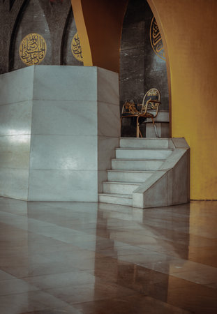 Bangkok, Thailand - Jul 28, 2023 - Architecture design inside the Foundation of the Central Mosque and Islamic Center of Thailand. Detail of interior building built for Islamic Affairs are designed with elegant, Islamic art concept. Religion Islam, Muslimのeditorial素材