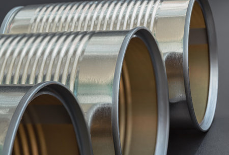 Three open empty opened Steel and tin cans arrange. Metal tin cans on background, Aluminium retro cans, Space for text, Selective focus.の写真素材