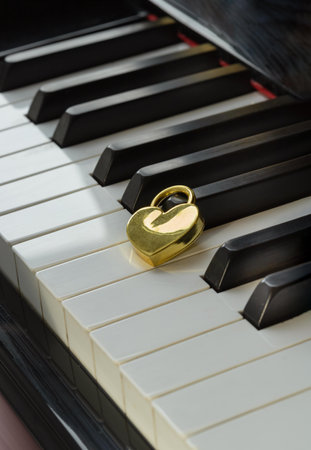 Golden heart shaped love padlock on Piano keyboard. Melody of Love, Valentine's day concept, Space for text, Selective focus.の写真素材