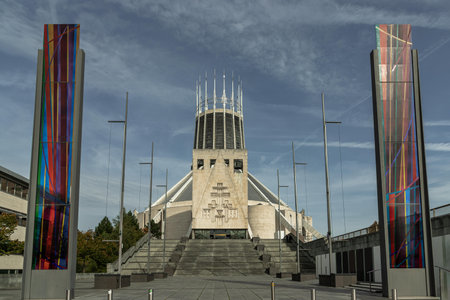 Liverpool, UK - Oct 08, 2023 - Beautiful architecture design of Liverpool metropolitan cathedral. The Roman catholic cathedral at Merseyside, Space for text, Selective focus.のeditorial素材