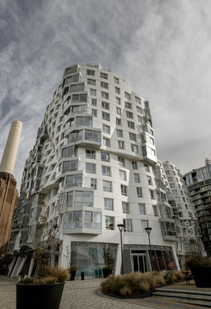 London, UK - Oct 16, 2023 - Facade Residential luxury apartment buildings at Battersea near to Battersea Power Station. Modern apartment battersea buildings complex with balconiesのeditorial素材