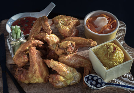 Delicious Fried chicken wings served with Homemade yellow jasmine rice (Chicken biryani), Pickled carrot and Radish, Cucumber sticks and Sweet chili sauce on a wooden cutting board. Halal food, Space for text, Selective focus.の写真素材