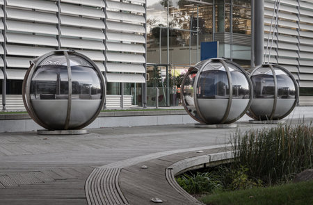 London, UK - Nov 06, 2023 - Meeting pods or Working space at Chiswick business park. Private group discussions amid the relaxing, Office pods, Copy space, Selective Focus.のeditorial素材