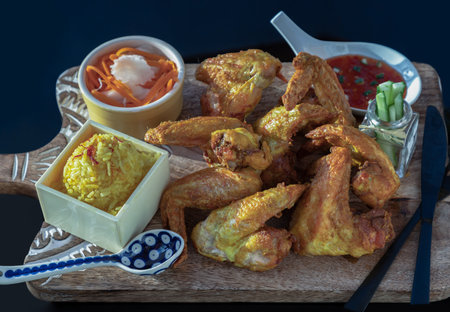 Delicious Fried chicken wings served with Homemade yellow jasmine rice (Chicken biryani), Pickled carrot and Radish, Cucumber sticks and Sweet chili sauce on a wooden cutting board. Halal food, Copy space, Selective focus.の写真素材
