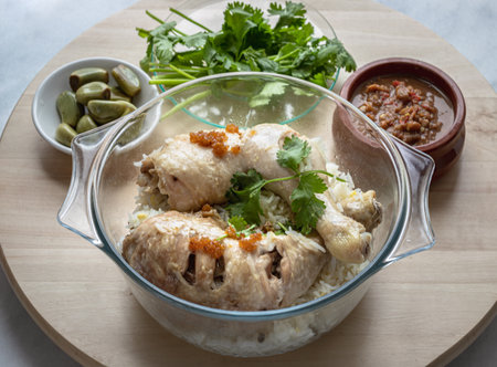 Delicious Steam chicken with rice (Hainanese chicken rice) serve with Pickled garlic, Cucumber and Chili sweet sauce on round wooden tray. Halal food, Copy space, Selective focus.の写真素材