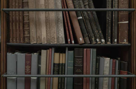 London, UK - Nov 27, 2023 - Row of Antique books on wooden shelves in library. Historic old books in...