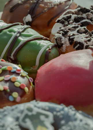 Many Glazed Doughnuts placed on wooden cutting board. The concept of delicious delicious amazing glazed donuts, Space for text, Selective Focus.の写真素材