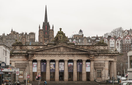 Edinburgh, Scotland, Jan 16, 2024 - View of The Royal Scottish Academy of Art and Architecture Neoclassical Edinburgh forming part of National Galleries of Scotland. Space for text, Selective focus.のeditorial素材