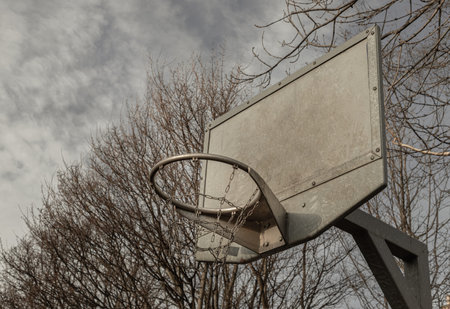 Edinburgh, Scotland, Jan 19, 2024 - Side view of Steel basketball backboard with the hoop metal ring...