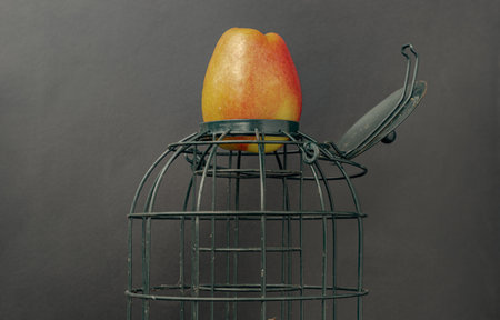 A lonely apple put on a green cage on gray background. Space for text, Selective focus.の写真素材