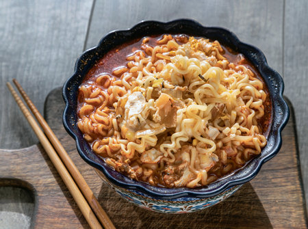 Spicy tom yum Instant noodles topped with egg and sliced ââshallots in ceramic bowl and chopstick on a wooden cutting board. Easy noodle food, Oblique view from the top, Copy space, Selective focus.の写真素材