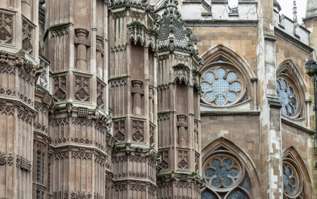 London, UK - Dec 25, 2023 - Detail Design in Architecture is Victorian Gothic Palace of Westminster, Entrance to the Houses of Parliament in Westminster. Space for text, Selective focus.のeditorial素材